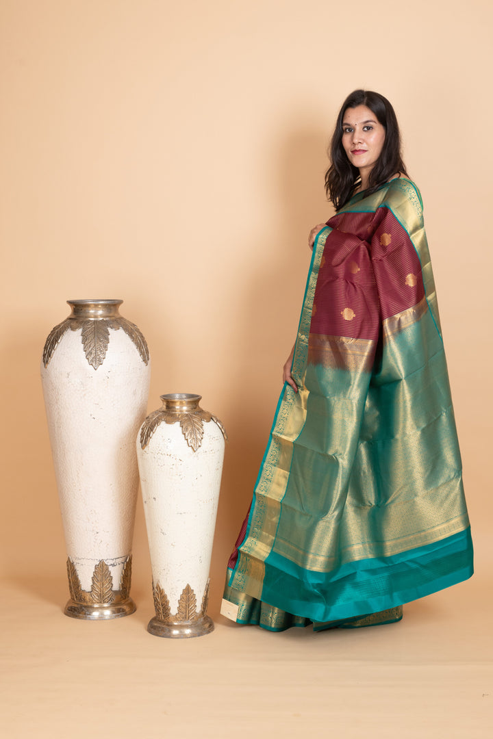 Burnt Maroon and Turquoise Blue Pure Kanjivaram Silk Saree