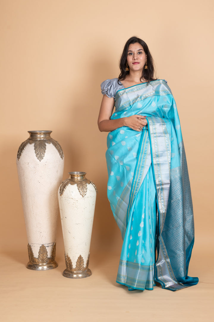 Sky Blue and Deep Sky Blue Pure Kanjivaram Silk Saree