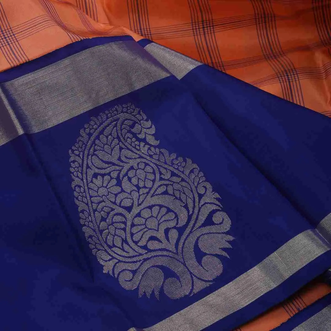 Peach with Royal Blue Border Silk Saree