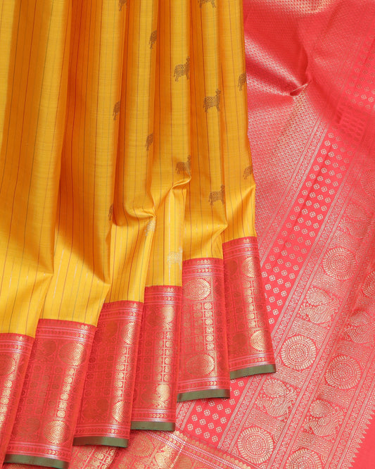 Canary Yellow and Pinkish Red  Kanjivaram Pure Zari Silk Saree