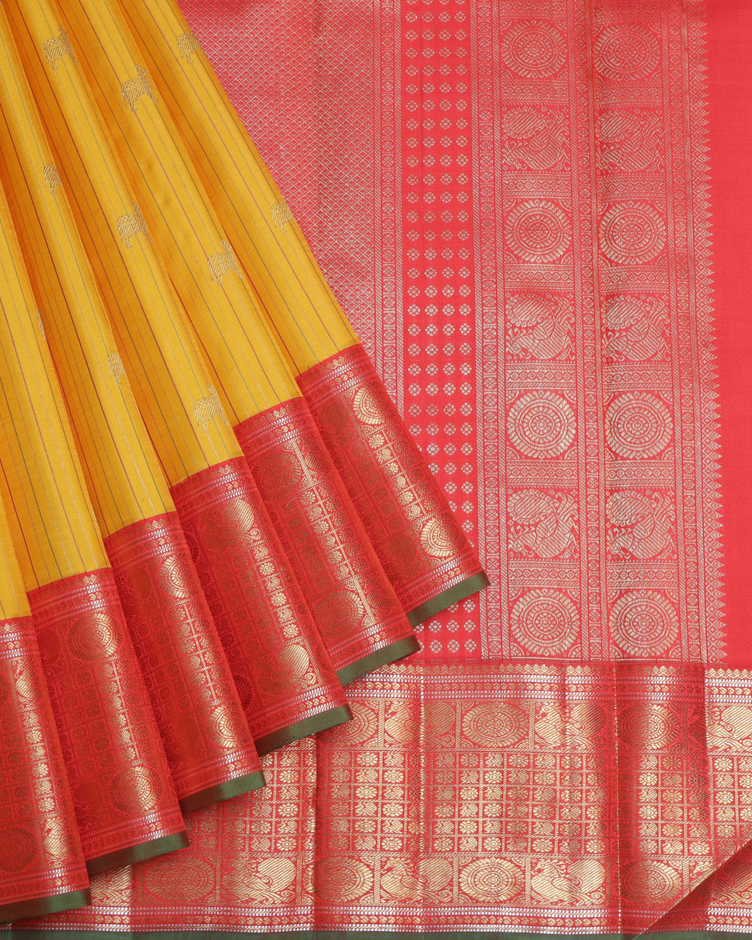 Canary Yellow and Pinkish Red  Kanjivaram Pure Zari Silk Saree