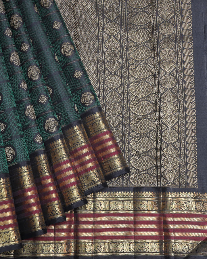 Green and Black  Kanjivaram Pure Zari Silk Saree