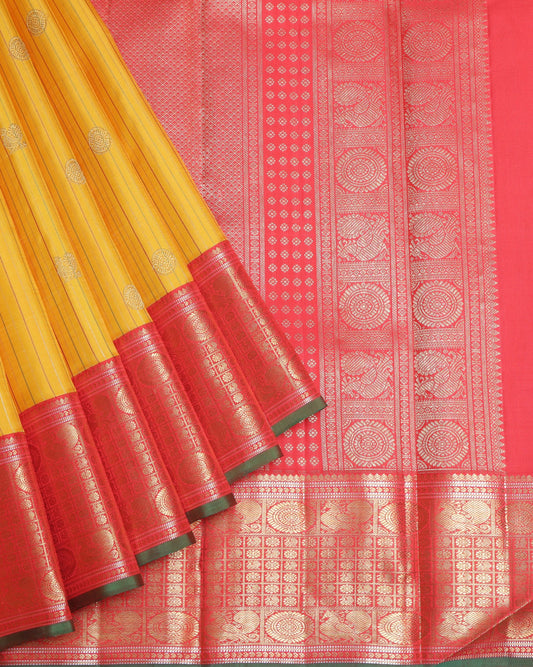 Canary Yellow and Pinkish Red  Kanjivaram Pure Zari Silk Saree