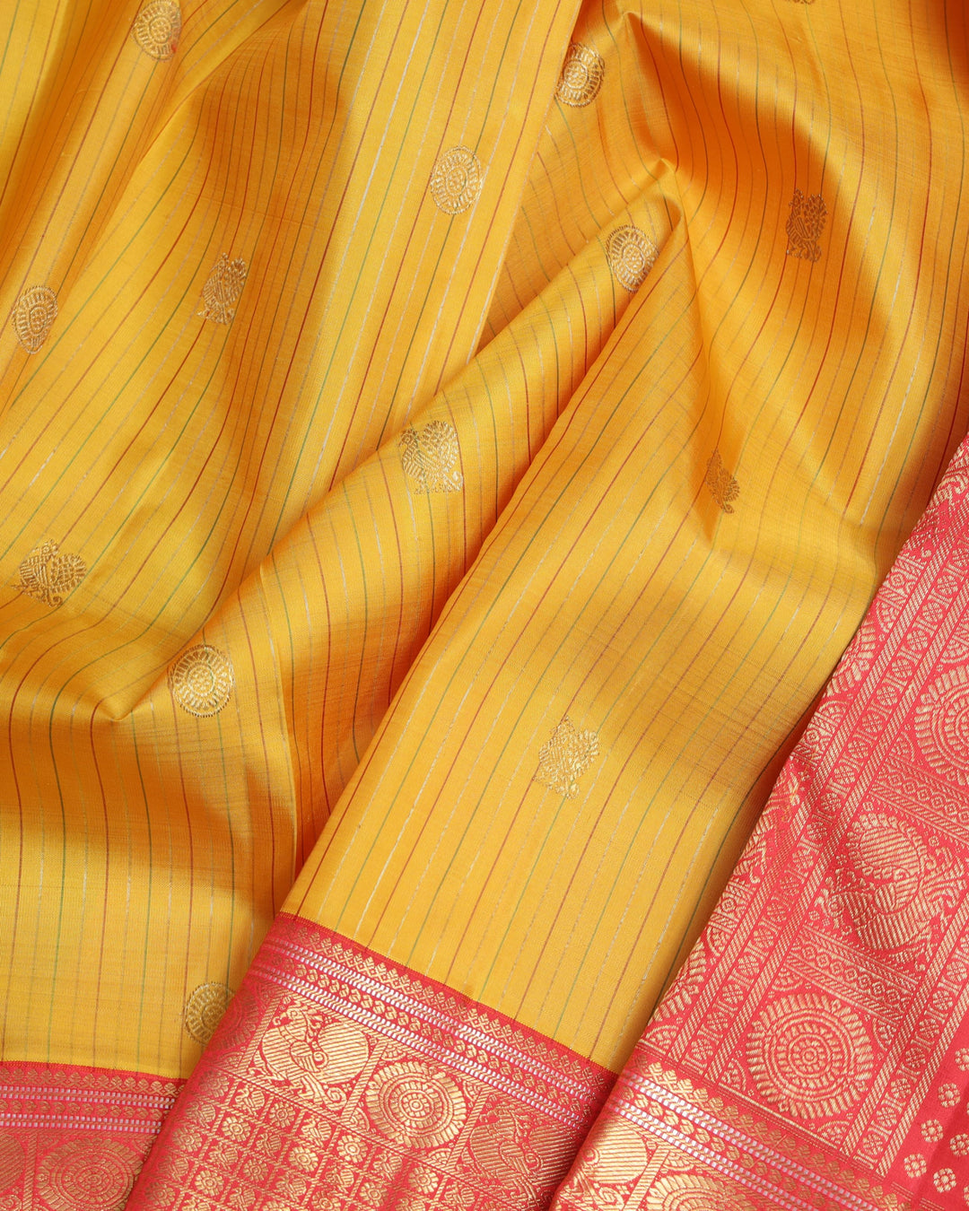 Canary Yellow and Pinkish Red  Kanjivaram Pure Zari Silk Saree