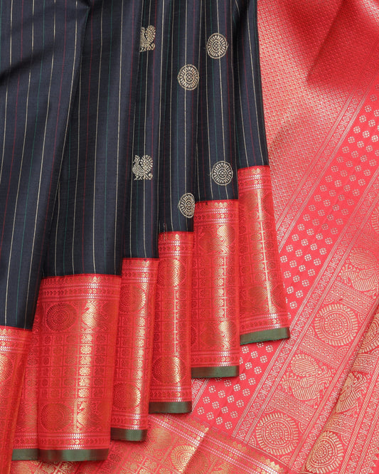 Black and Pinkish Red pure zari silk saree