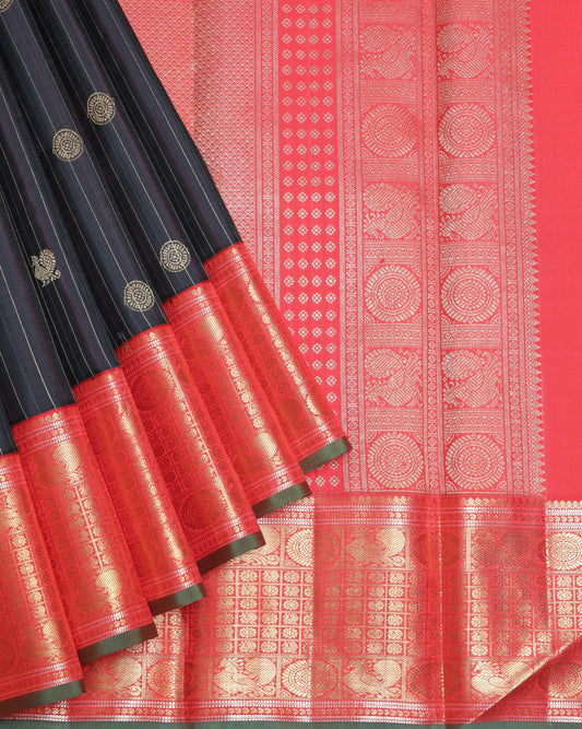 Black and Pinkish Red pure zari silk saree
