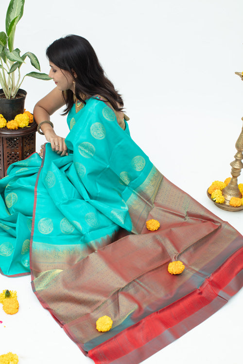 Borderless Sky Blue Silk Saree