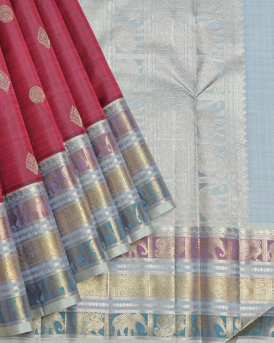 Maroon and Ice Grey pure zari silk saree