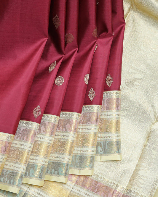 Maroon and cream pure zari silk saree