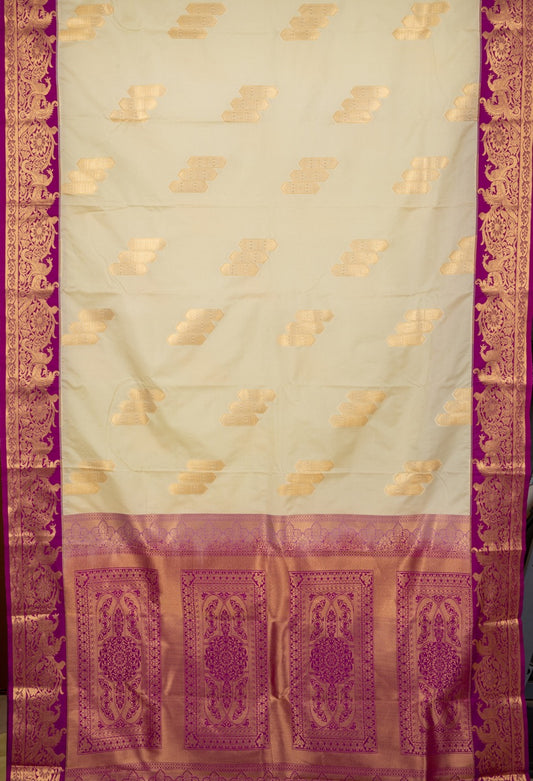 Offwhite Purple Designer Semi Silk Saree