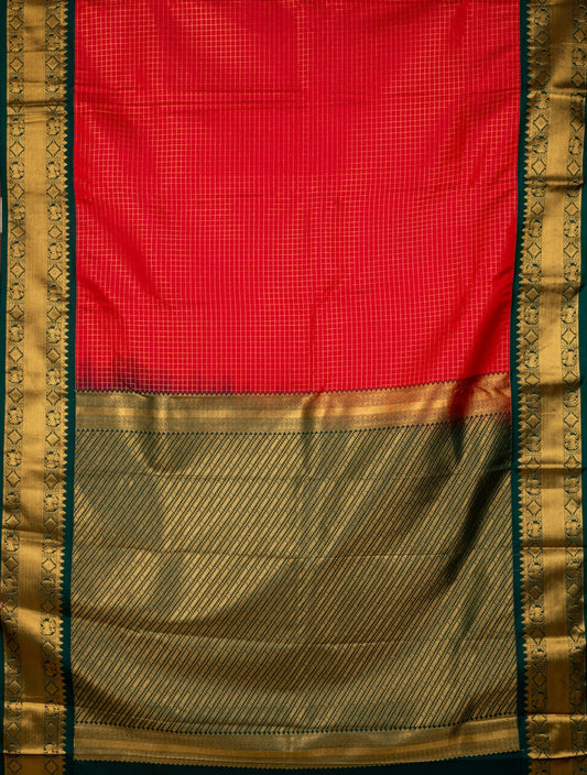 Red Checks Semi Silk Saree