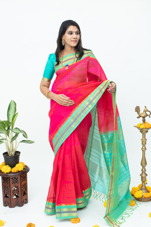 Pink And Blue Combination Silk Saree