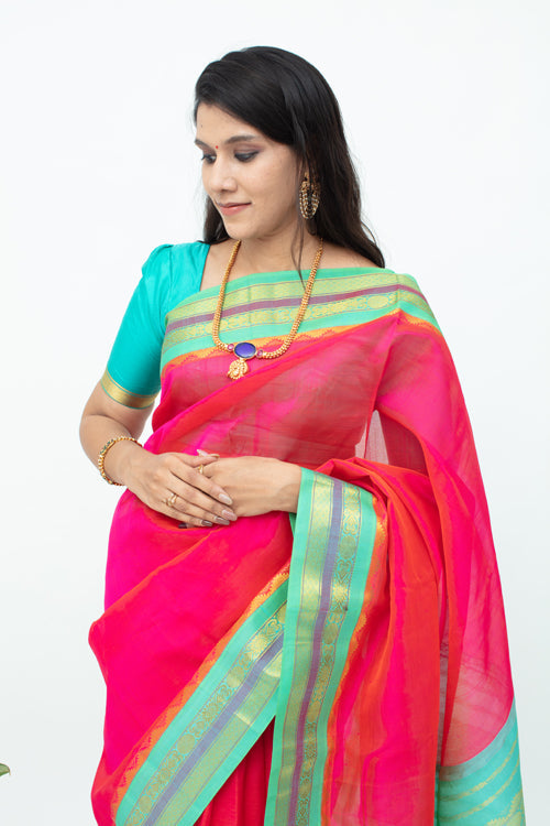 Pink And Blue Combination Silk Saree