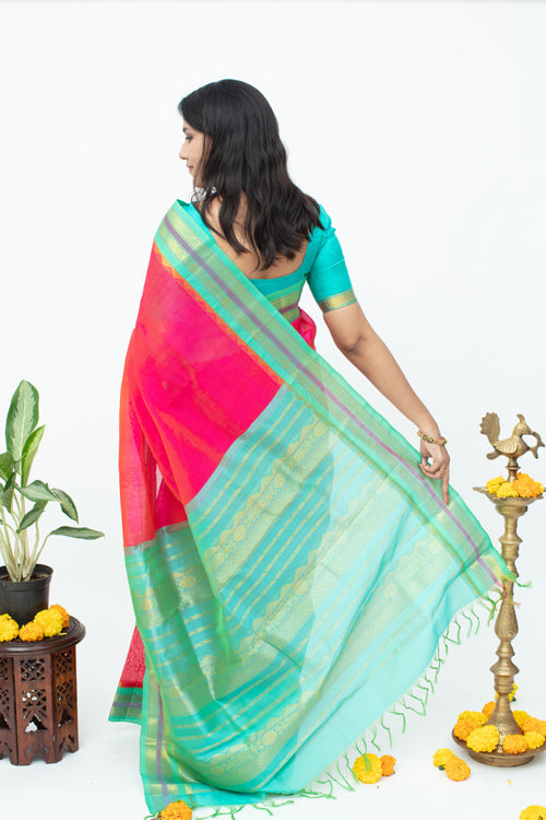 Pink And Blue Combination Silk Saree