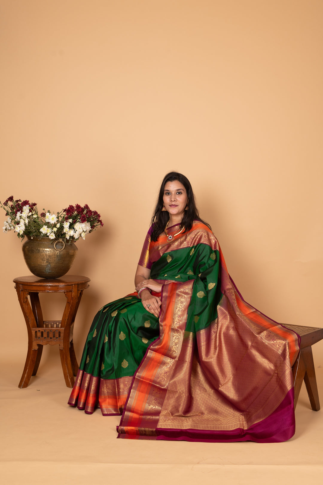 Bottle Green and Mulberry Purple Pure Kanjivaram silk saree