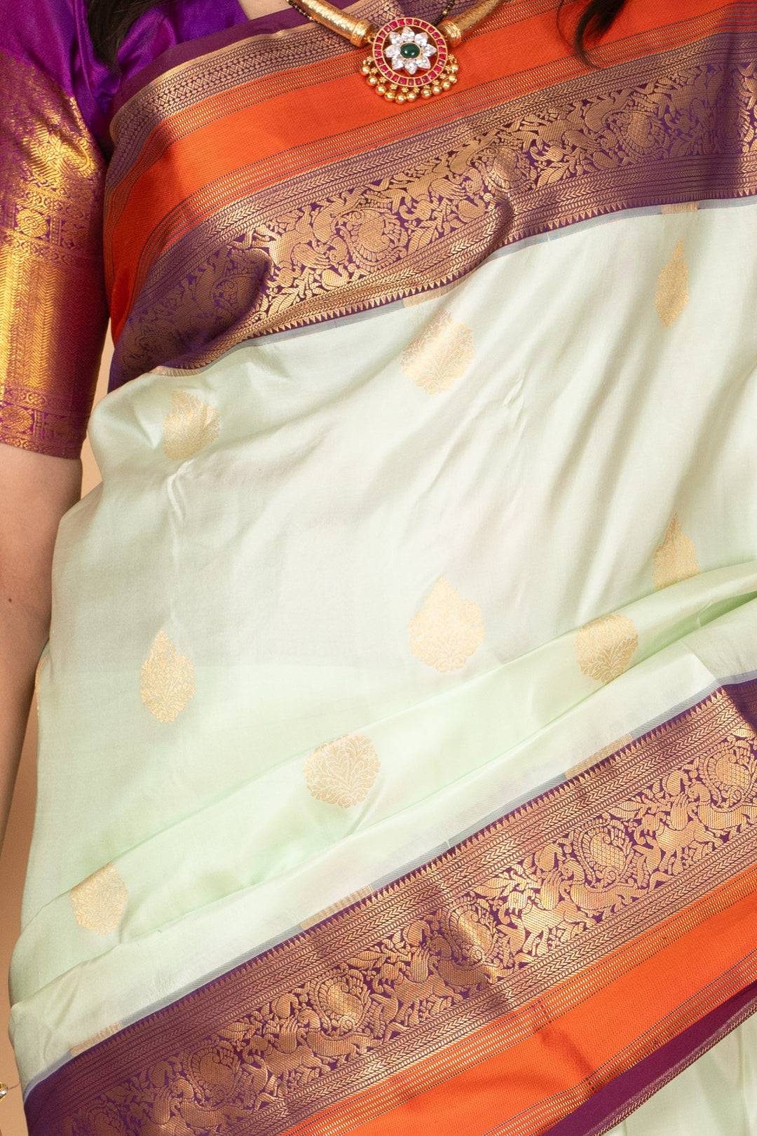 Pastel green and Mulberry Purple Pure Kanjivaram silk saree