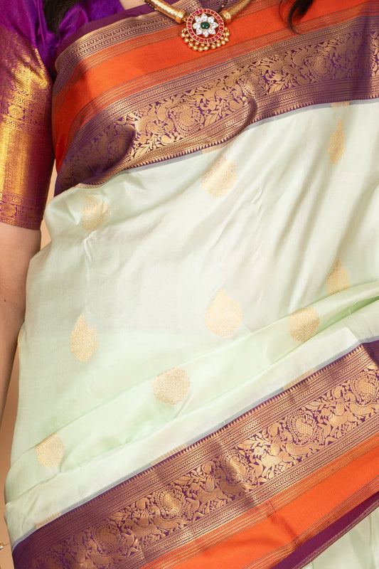 Pastel green and Mulberry Purple Pure Kanjivaram silk saree