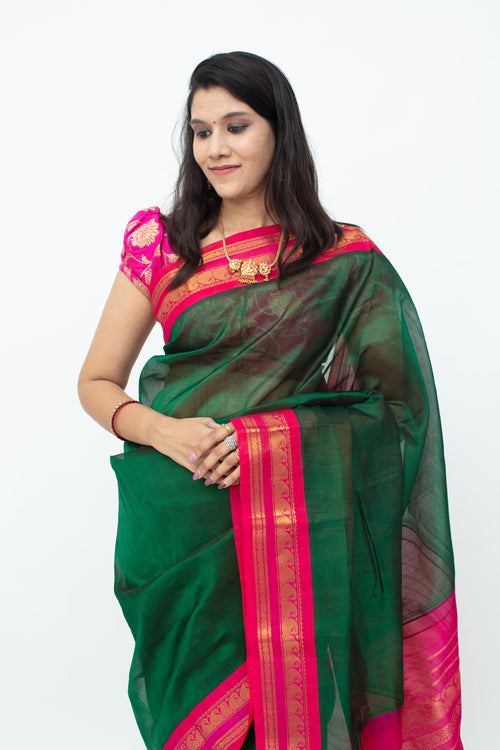 Bottle Green And Pink Combination Saree