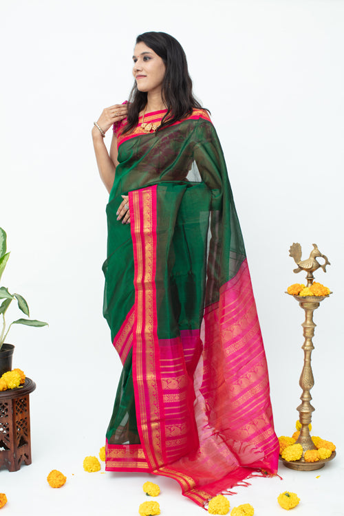 Bottle Green And Pink Combination Saree