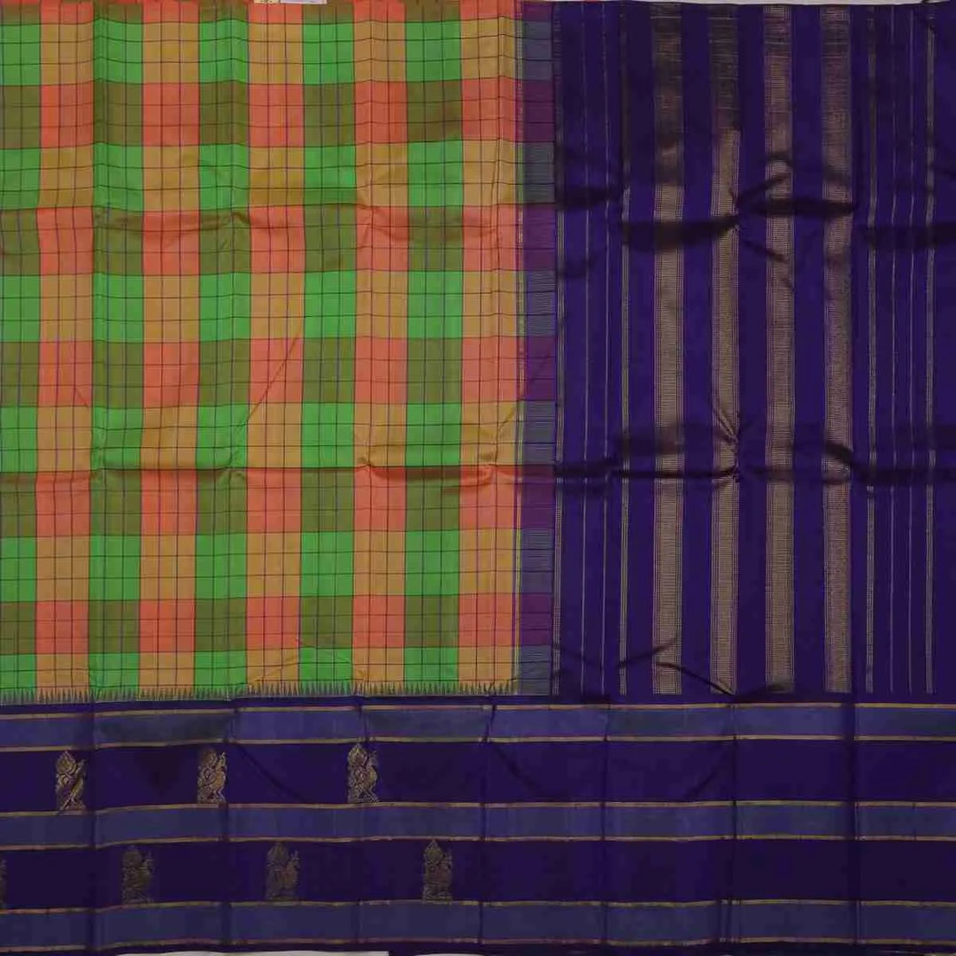 Multicolour Check saree with Rich Blue border