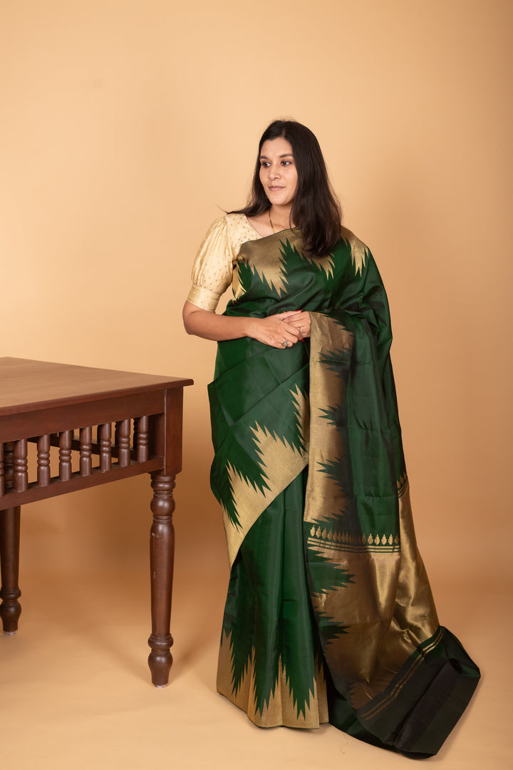 Bottle Green temple border pure kanjipuram silk saree