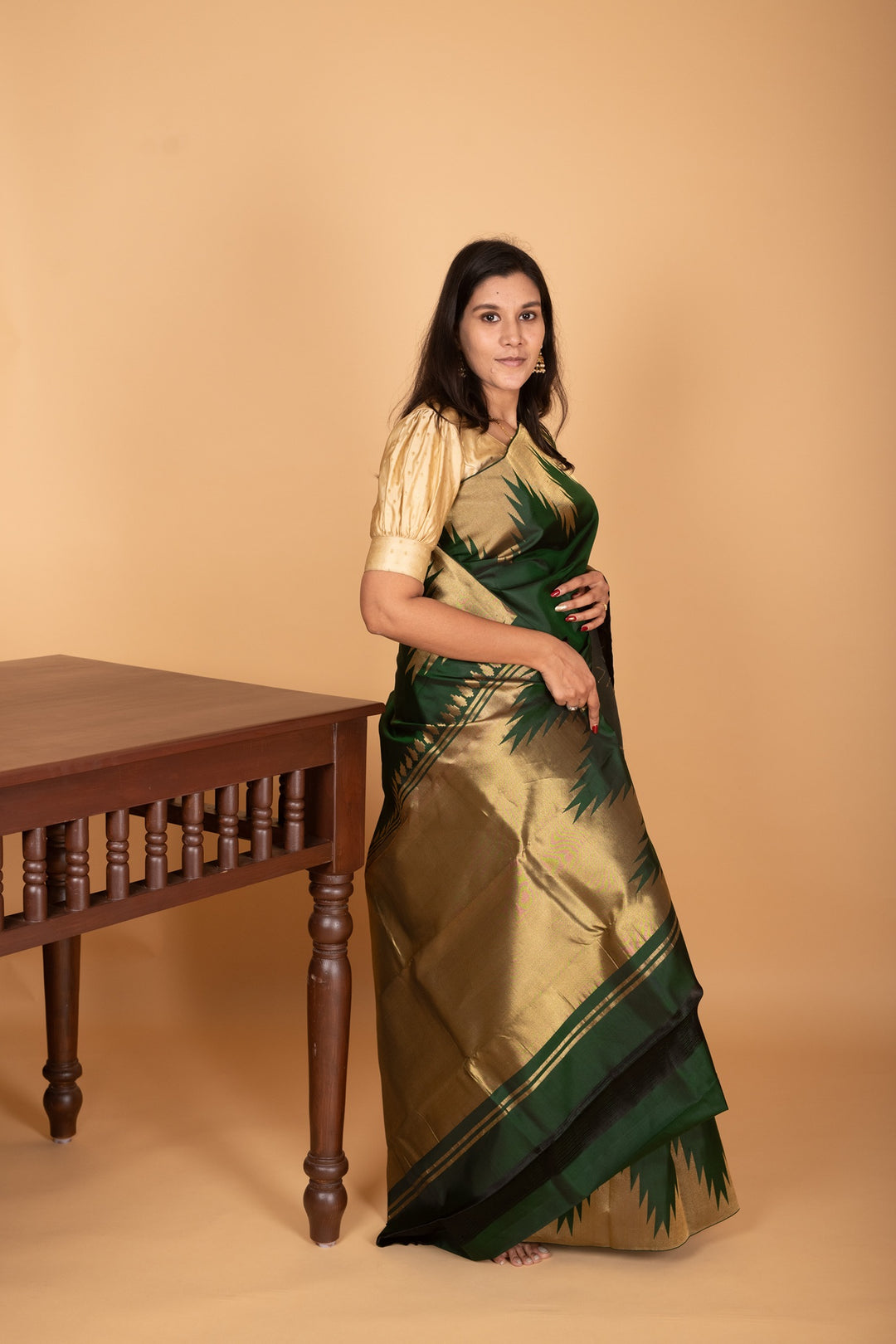 Bottle Green temple border pure kanjipuram silk saree