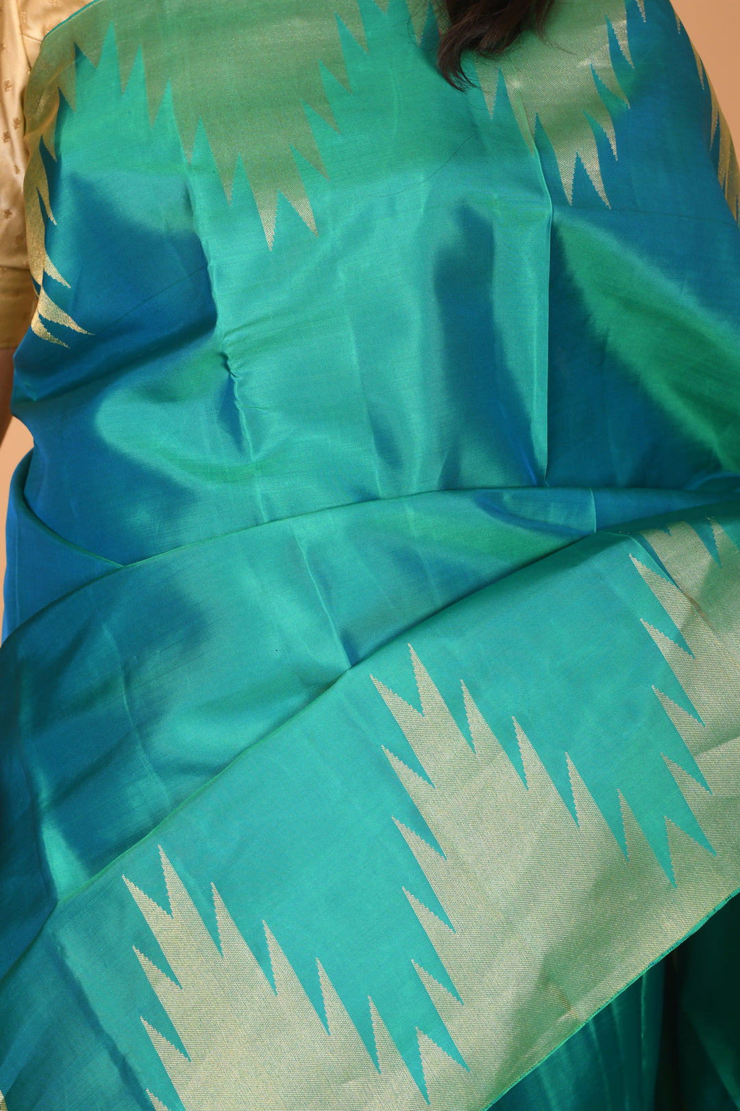 Dual Tone Blue temple border pure kanchi silk saree