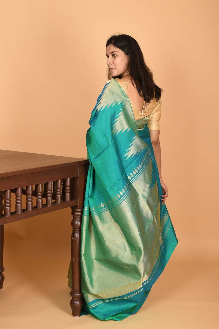 Dual Tone Blue temple border pure kanchi silk saree