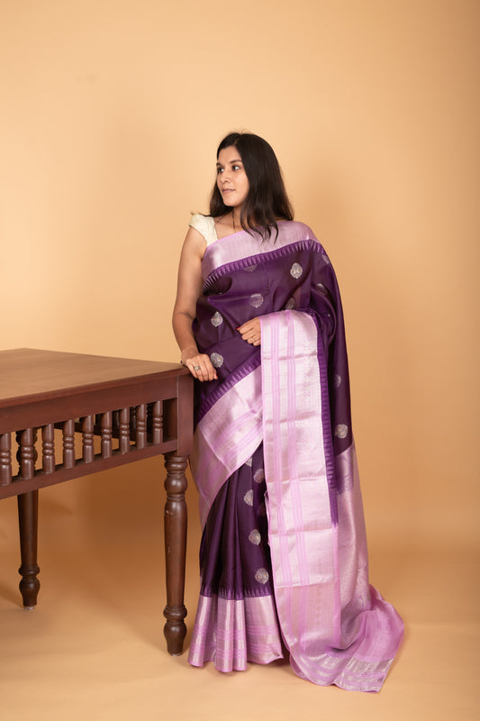 Eggplant Purple and Lilac Lavender Big Borde pure kanchi silk saree