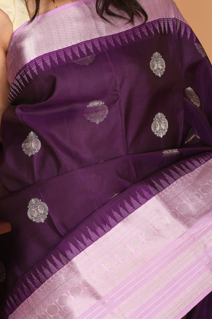 Eggplant Purple and Lilac Lavender Big Borde pure kanchi silk saree