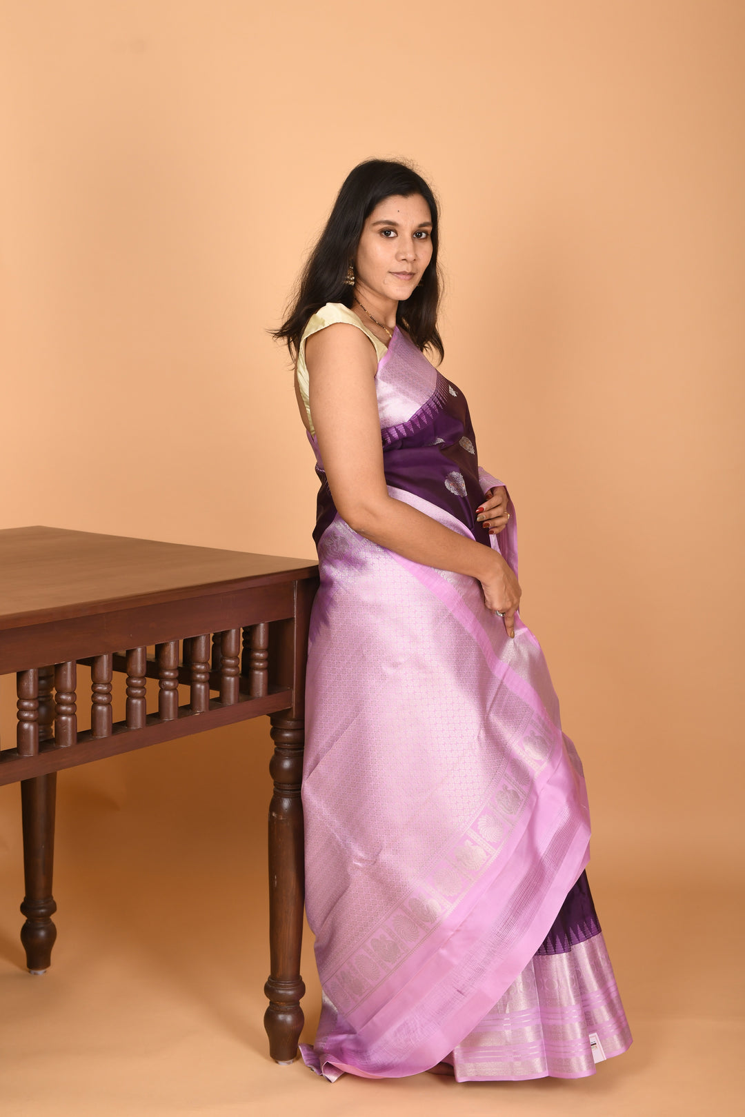 Eggplant Purple and Lilac Lavender Big Borde pure kanchi silk saree