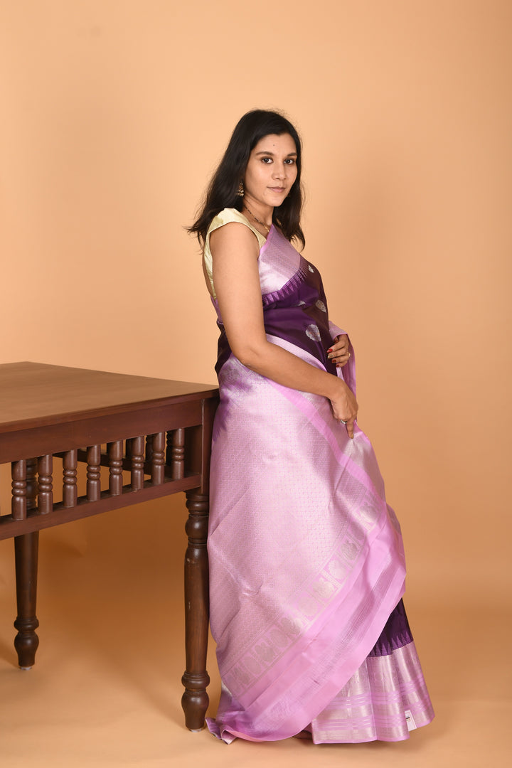 Eggplant Purple and Lilac Lavender Big Borde pure kanchi silk saree