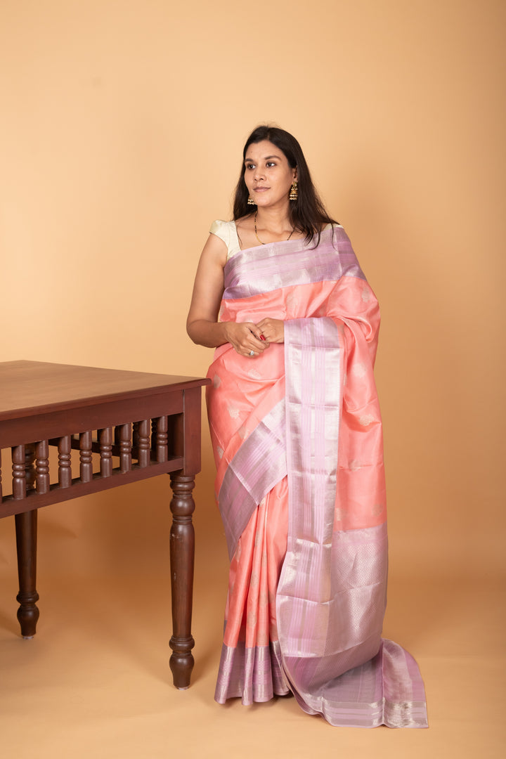 Carnation Pink and Lilac Lavender Retta Patta Border pure kanchi silk saree