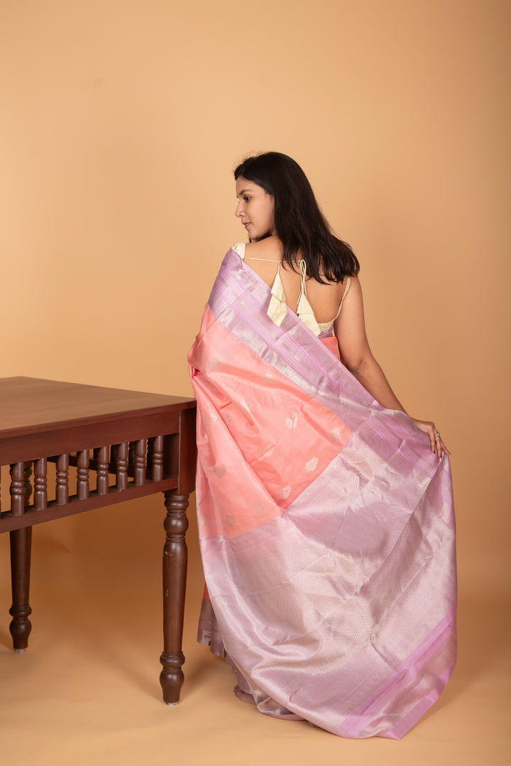 Carnation Pink and Lilac Lavender Retta Patta Border pure kanchi silk saree