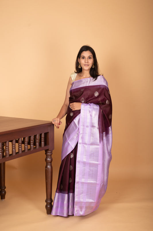 Wine purple and  Lavender Butta weave pure kanchi silk saree