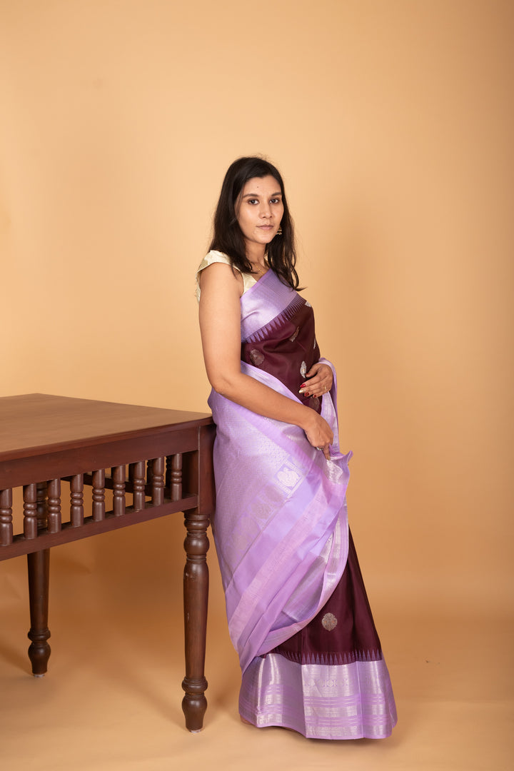Wine purple and  Lavender Butta weave pure kanchi silk saree