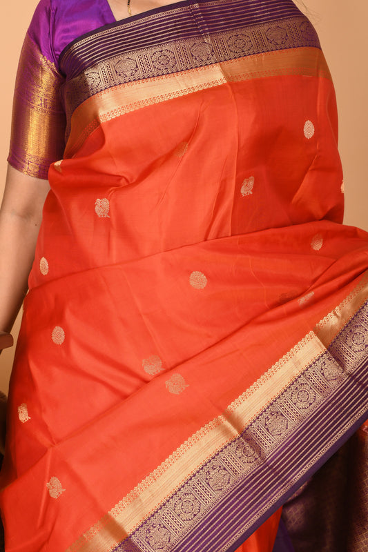 Pumpkin orange and Eggplant Purple Butta weave kanchi pure silk saree