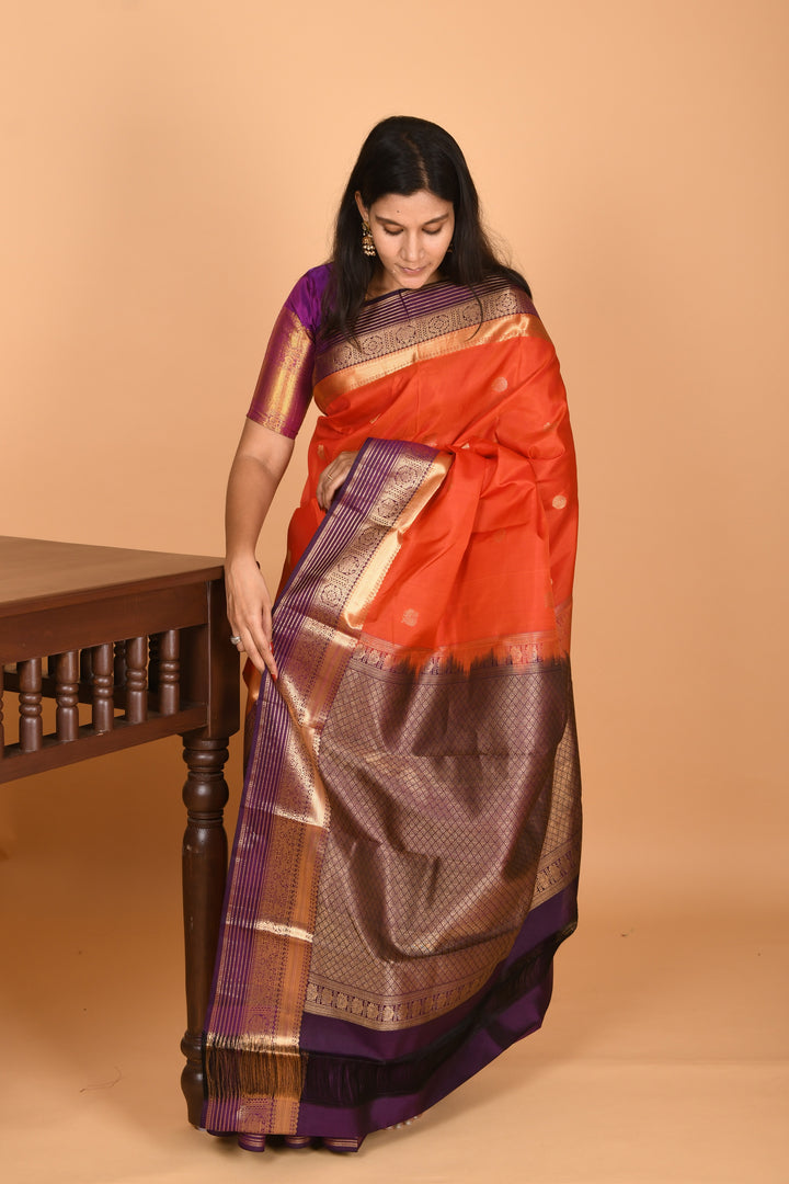 Pumpkin orange and Eggplant Purple Butta weave kanchi pure silk saree