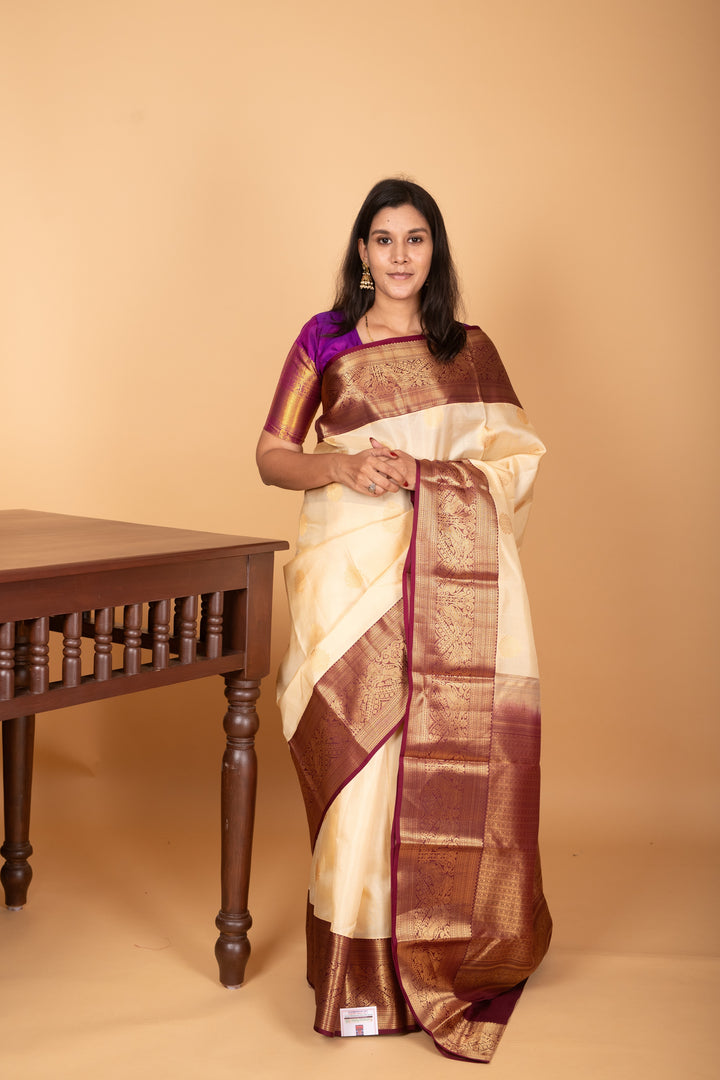 Cream white and Wine Purple Traditonal pure kanchi silk saree