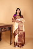 Cream white and Wine Purple Traditonal pure kanchi silk saree