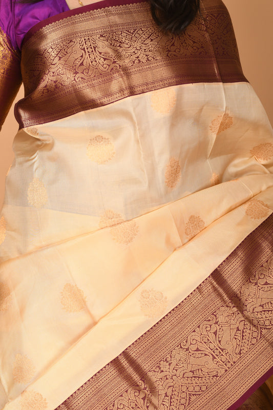 Cream white and Wine Purple Traditonal pure kanchi silk saree