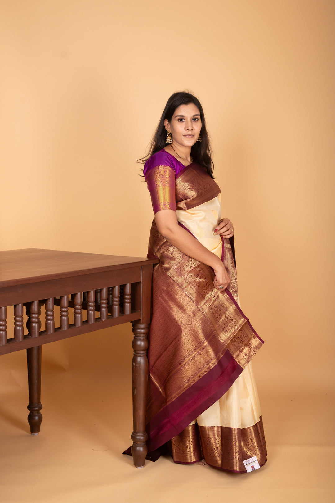 Cream white and Wine Purple Traditonal pure kanchi silk saree