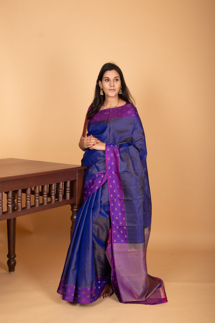 Royal Blue and Violet zari striped pure kanchi silk saree