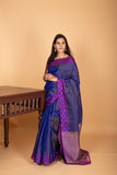 Royal Blue and Violet zari striped pure kanchi silk saree