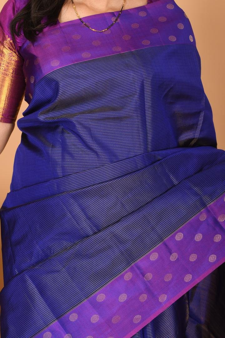 Royal Blue and Violet zari striped pure kanchi silk saree