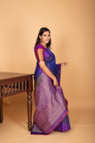 Royal Blue and Violet zari striped pure kanchi silk saree