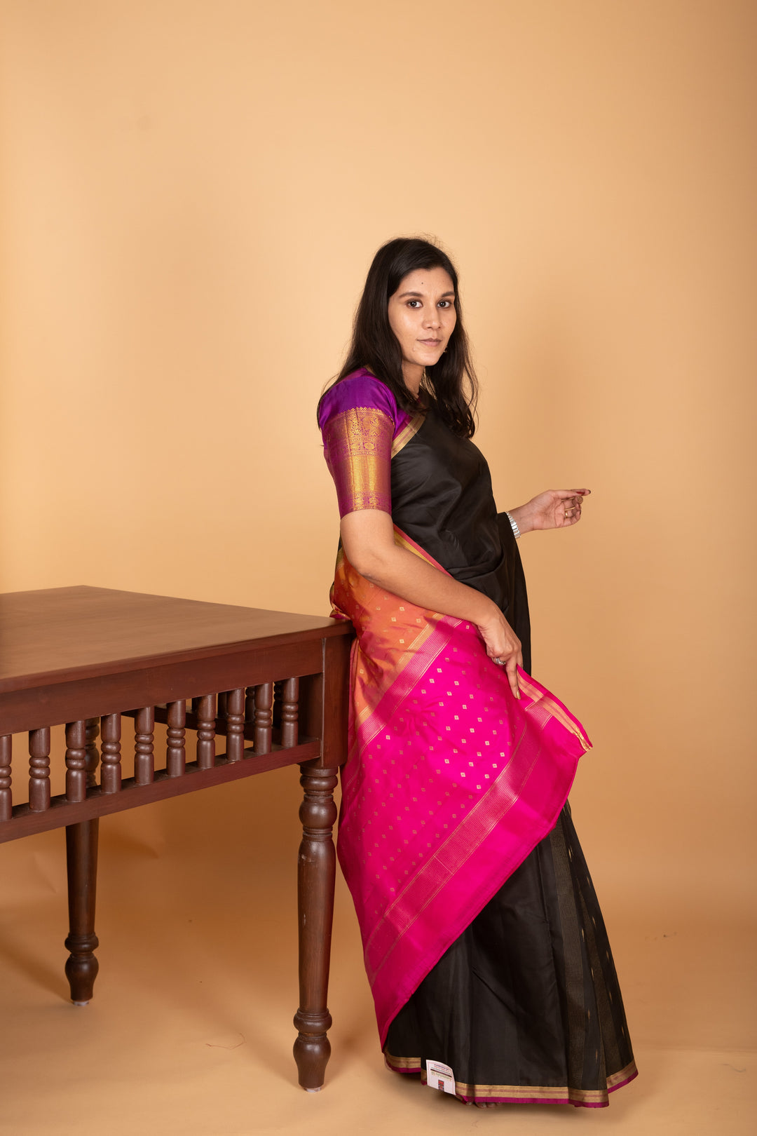 Black and Rani pink partly pleats pure kanjivaram silk saree