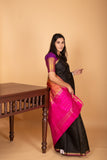Black and Rani pink partly pleats pure kanjivaram silk saree