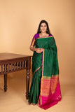 Bottle Green and Rani pink partly pleats pure kanjivaram silk saree