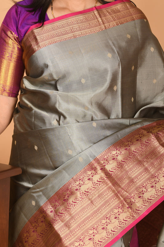 Zinc grey and Wildberry Big Border pure kanchi silk saree